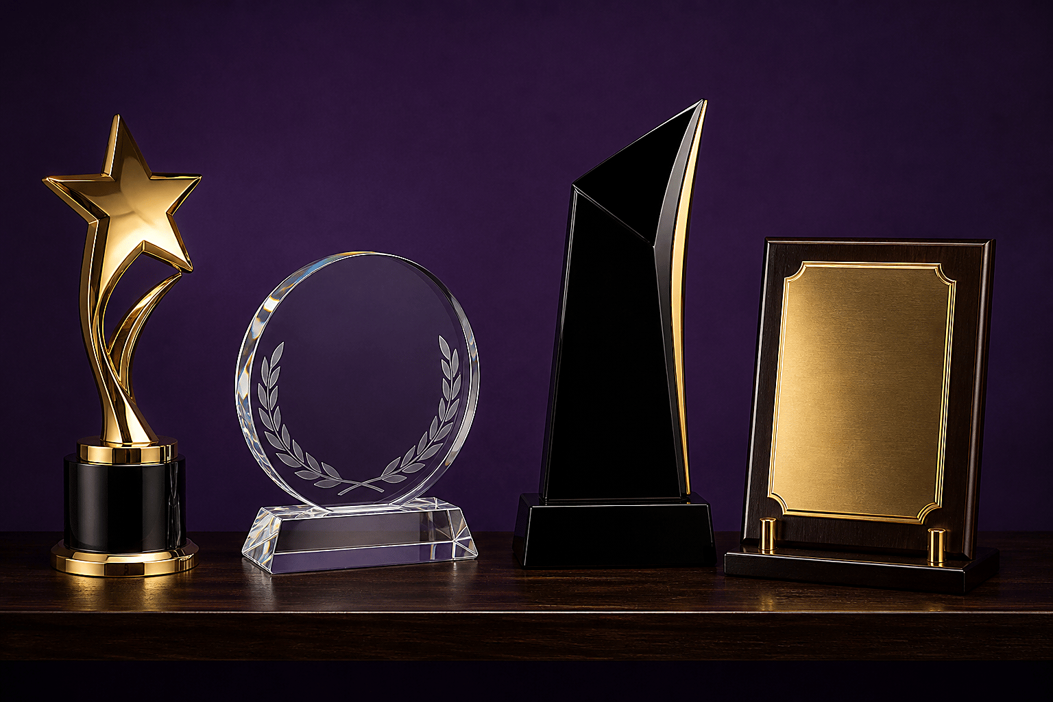 Awards and trophies on a display stage