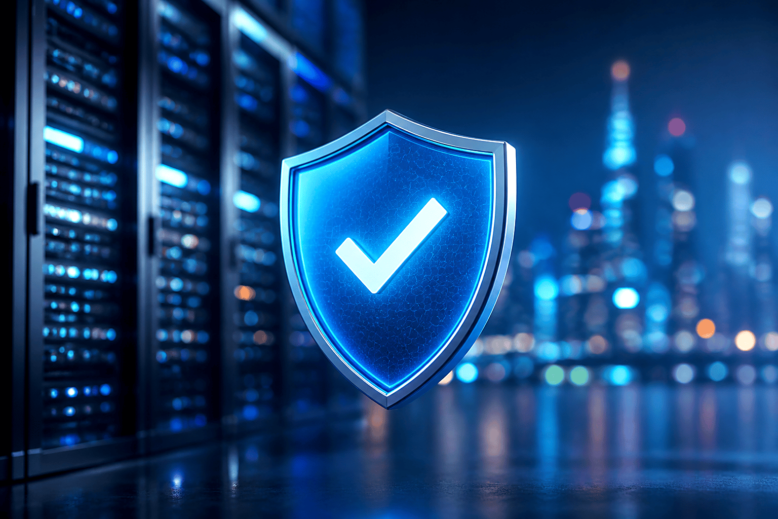 Security shield with check mark in front of servers