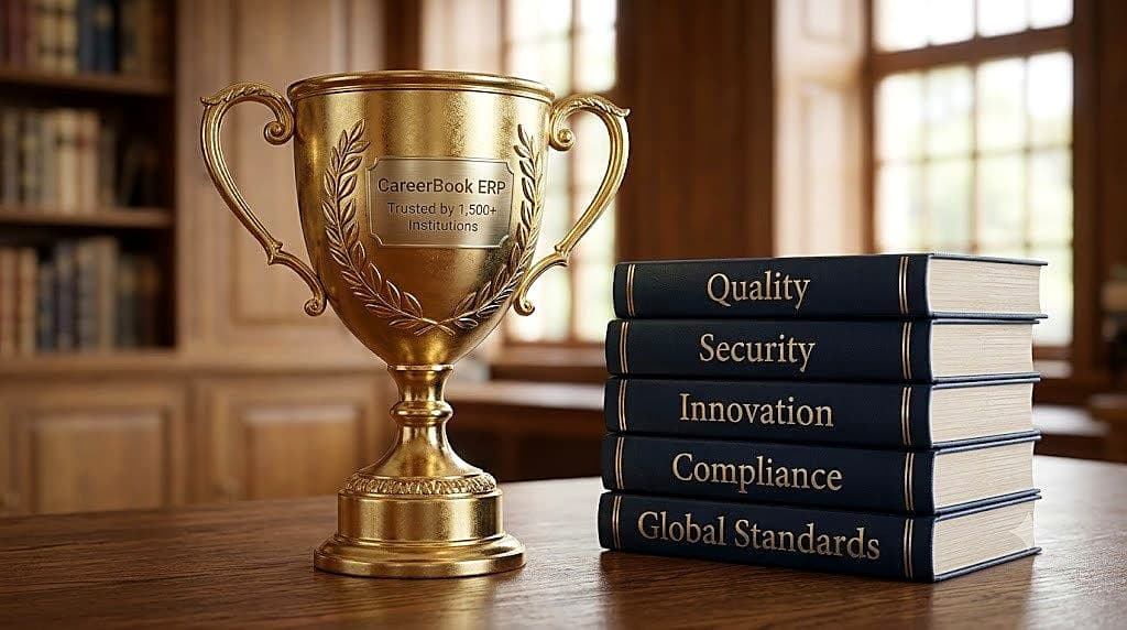 Golden trophy with books labelled Quality, Security, Innovation, Compliance and Global Standards