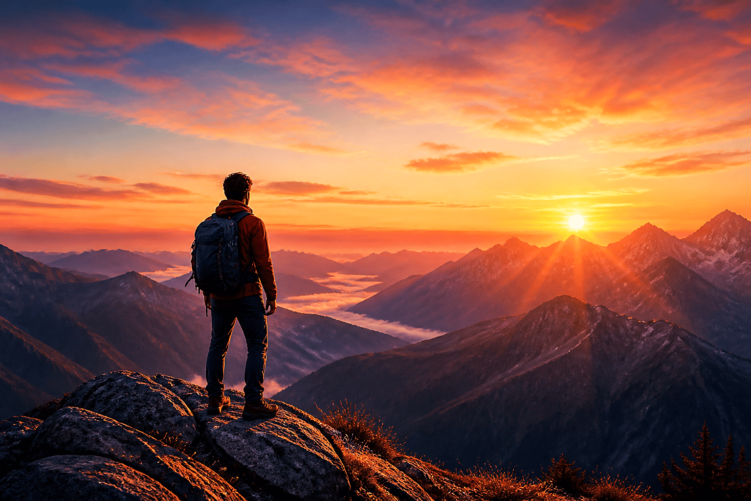 Hiker looking out over mountains at sunrise