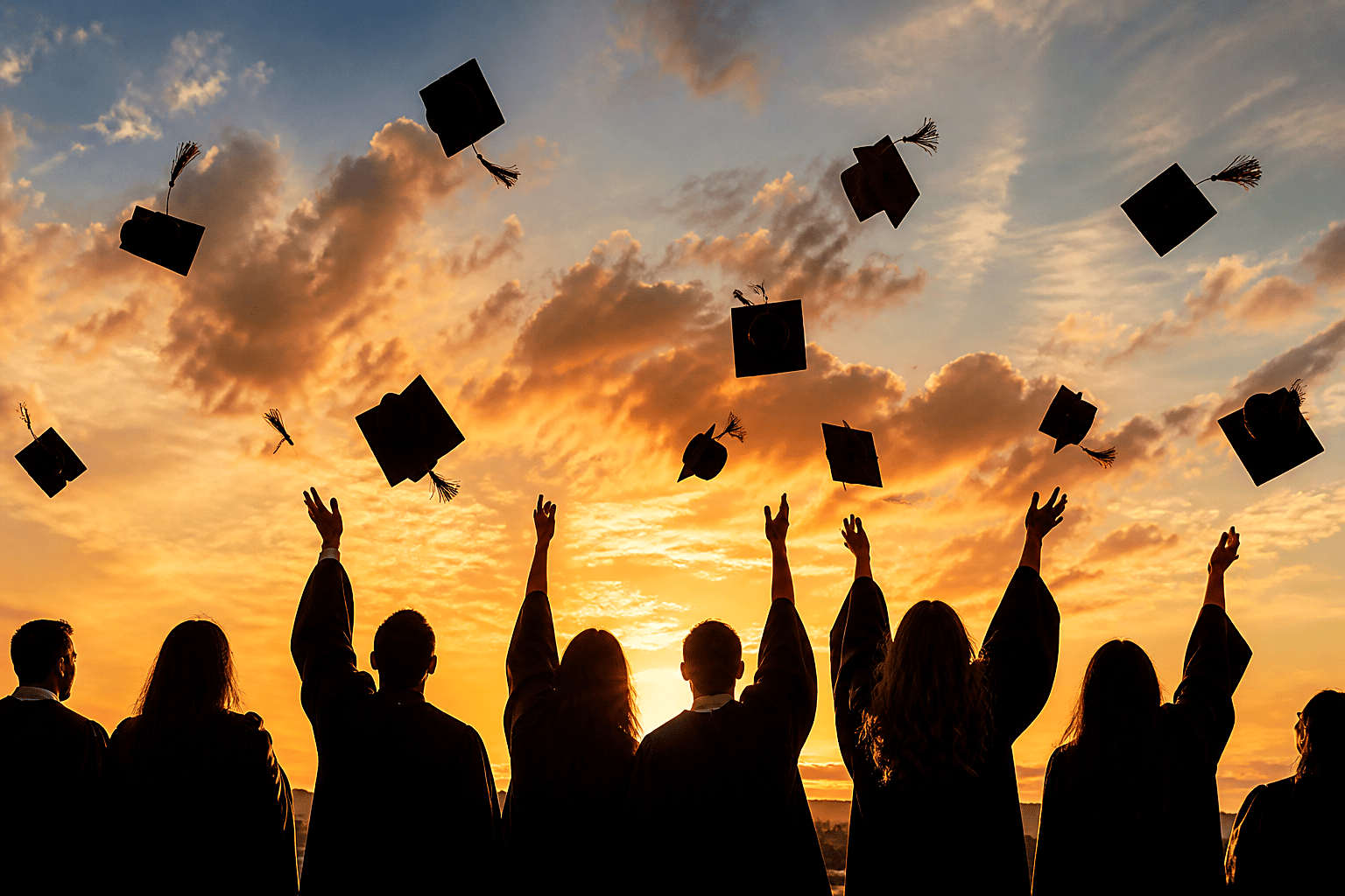 Graduates throwing caps at sunset