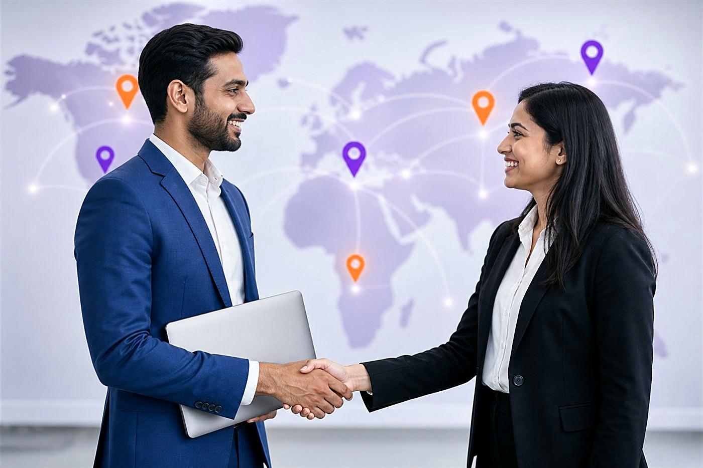 Two business partners shaking hands in front of a global network map