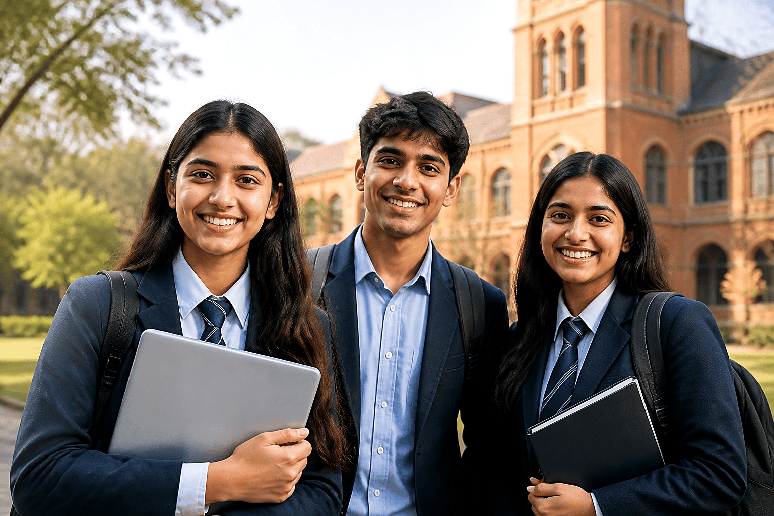 Smiling students in front of their campus
