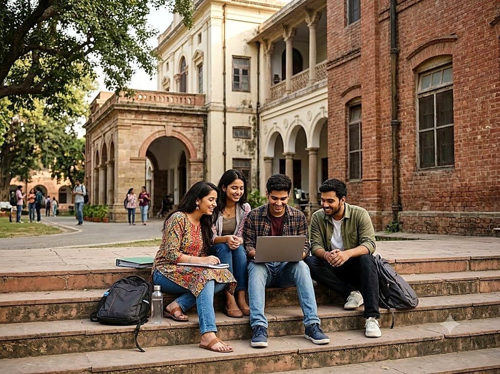 College students working together on a laptop outside a campus building