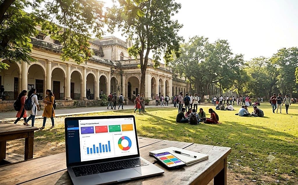 College campus with students and a laptop and phone showing the CareerBook ERP dashboard