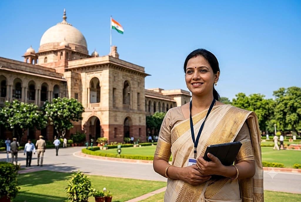 Education official holding a tablet in front of a government higher education building