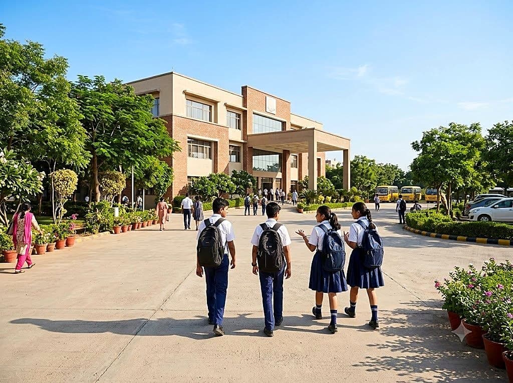 Students with backpacks walking into a school building signed Better Education Brighter Futures
