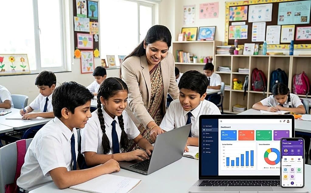 Teacher and K-12 students using a laptop showing the CareerBook ERP school dashboard