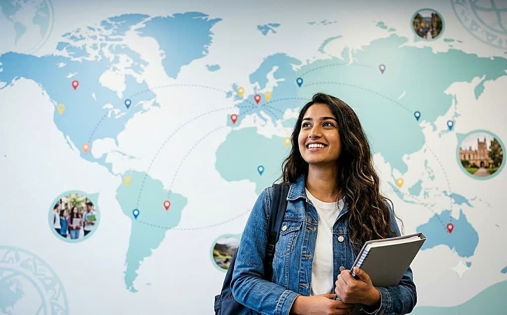 Smiling student holding notebooks in front of a world map connecting franchise training centres