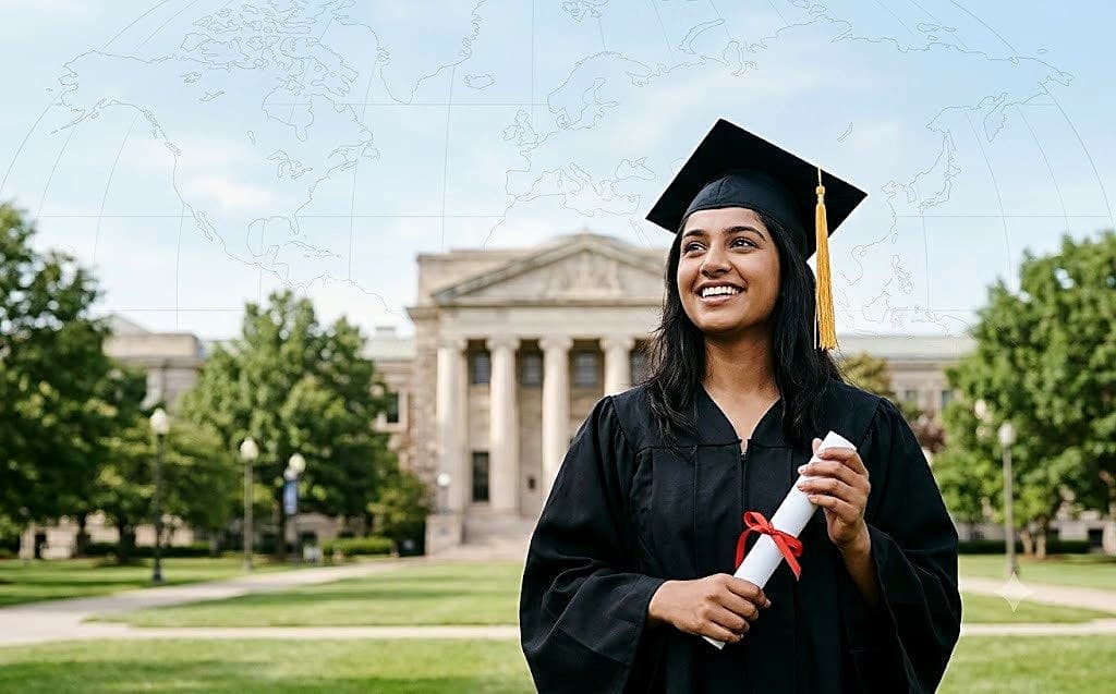 Smiling university graduate in cap and gown holding a diploma in front of a historic campus