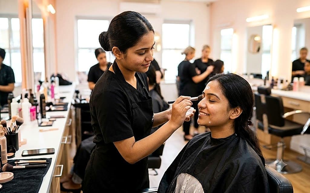 Beauty therapy trainee with a client