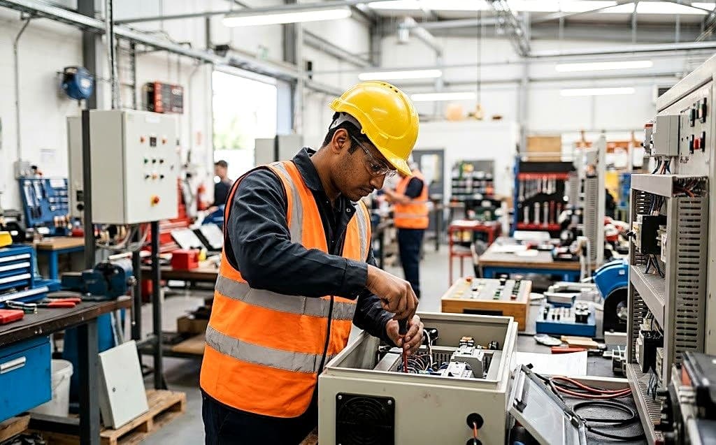 Technical trainee in a hard hat at a workshop