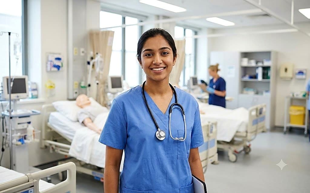 Healthcare trainee in scrubs