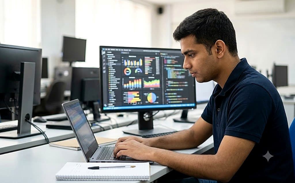 Student coding on a laptop