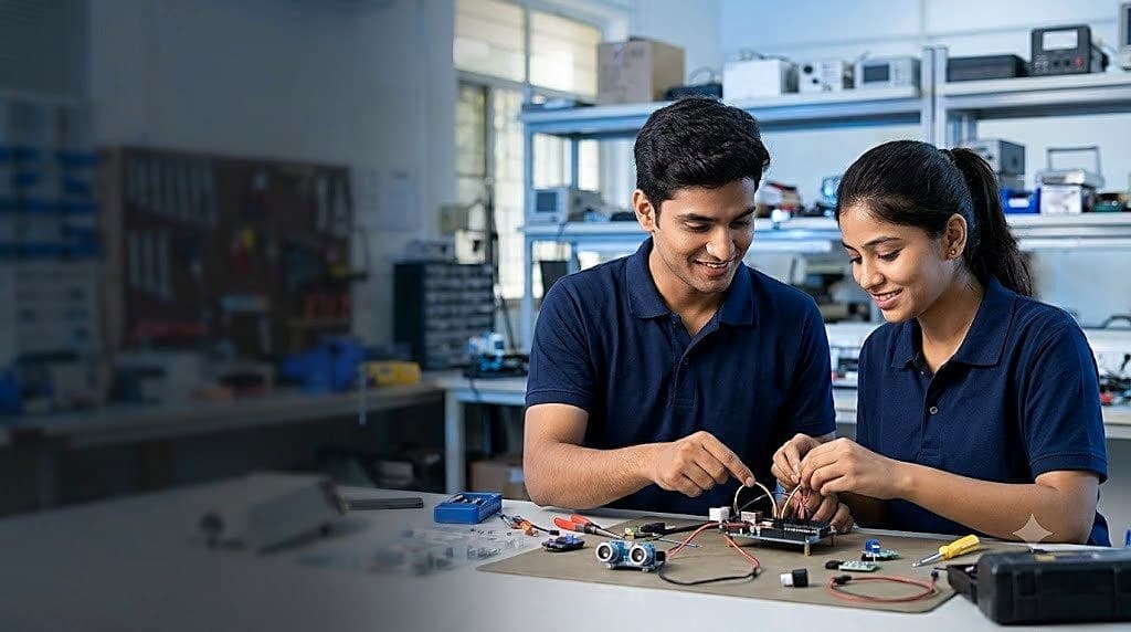 Two vocational trainees assembling an electronics kit in a workshop