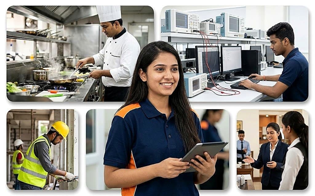 Smiling vocational trainee holding a tablet, with chef, technician, engineering and healthcare trainees around her