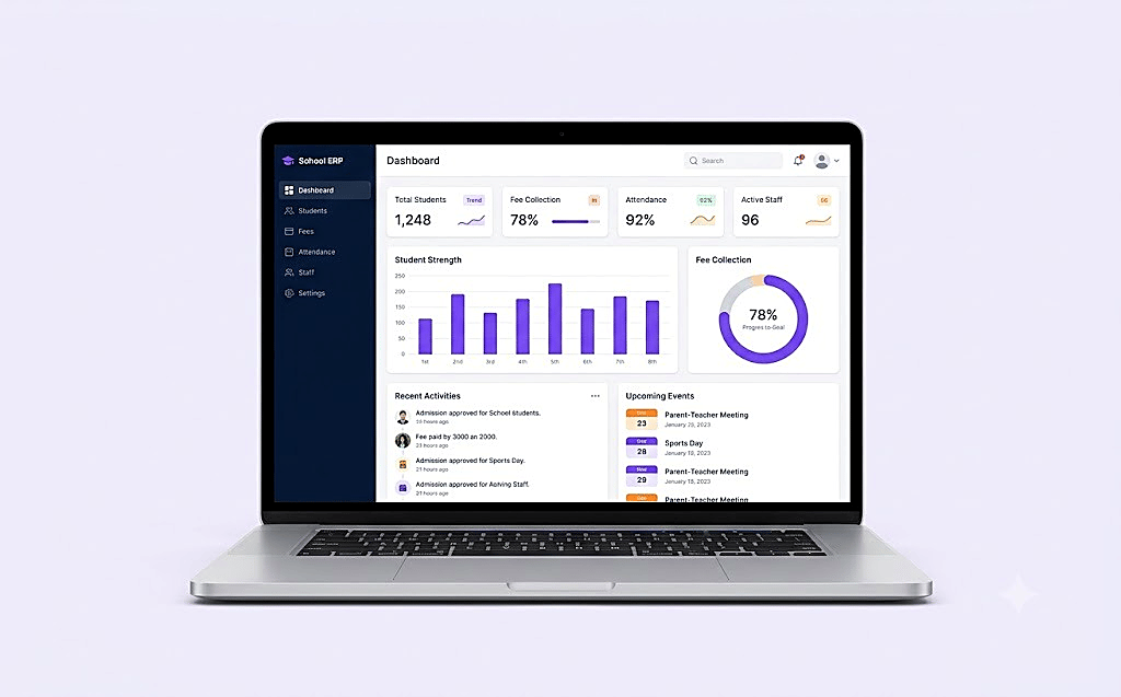 CareerBook ERP™ dashboard on a laptop with student strength, fee collection and recent activities