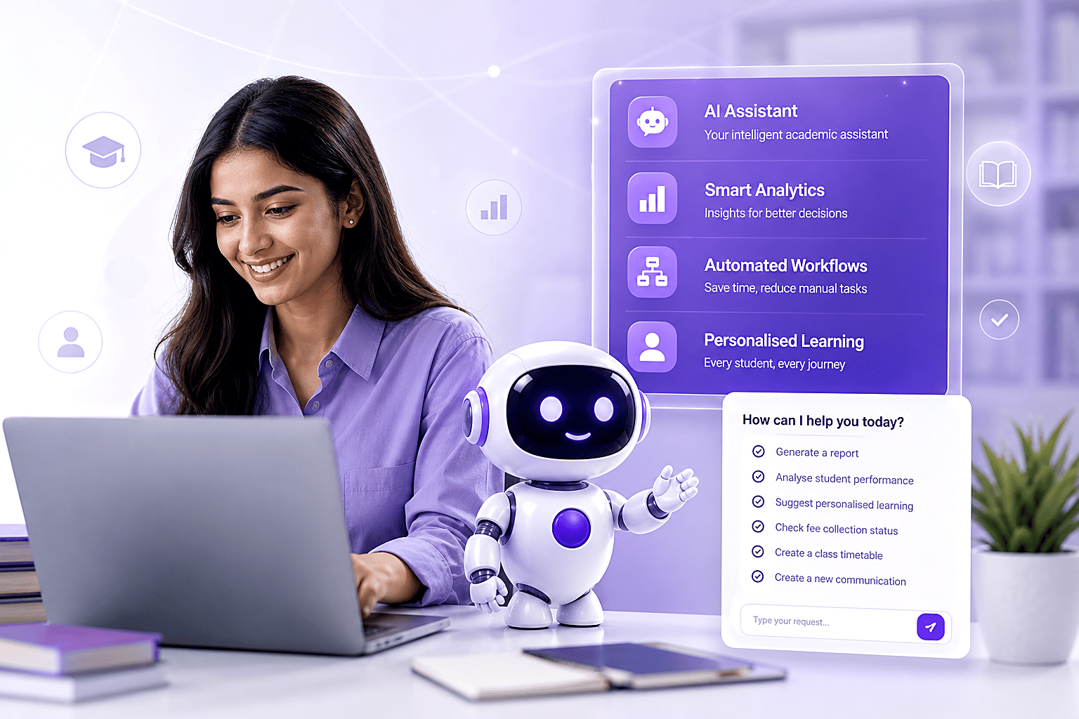 Smiling woman working on a laptop beside a friendly AI robot, with AI Assistant, Smart Analytics, Automated Workflows and Personalised Learning panels