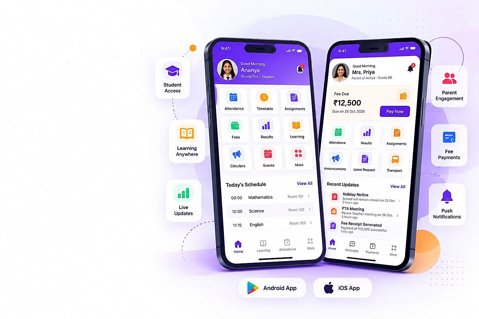 CareerBook ERP™ Student and Parent mobile apps on Android and iOS