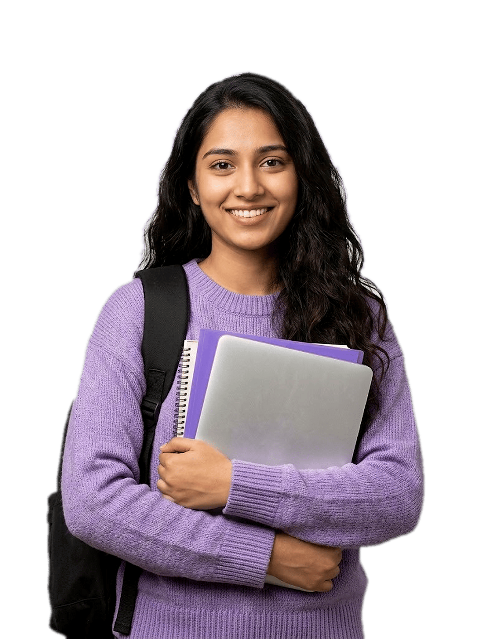 Smiling student holding books and a laptop
