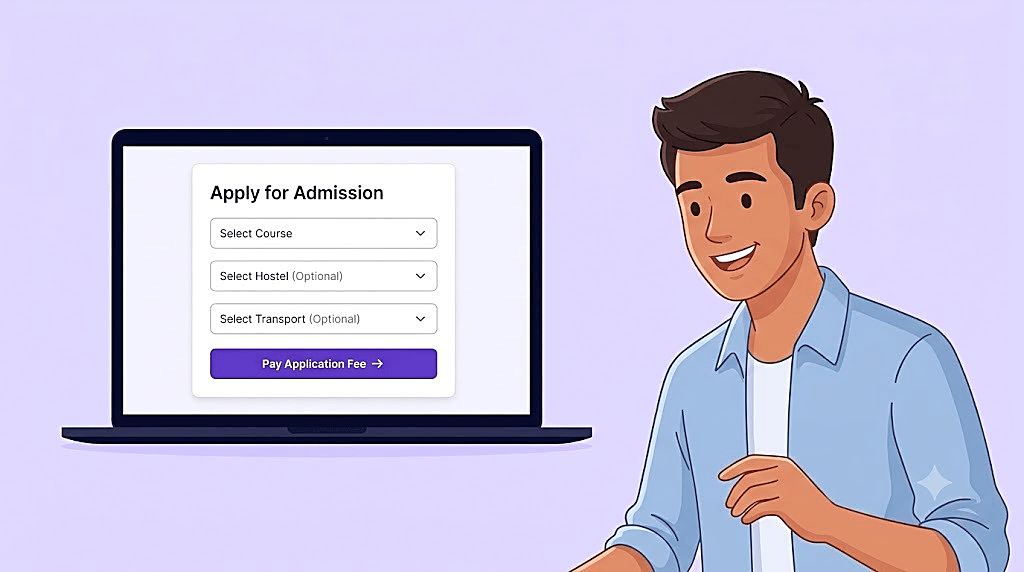 Student next to a laptop showing an Apply for Admission form