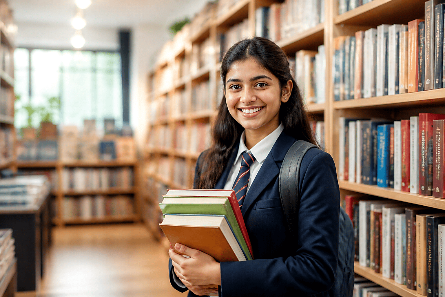 Student holding textbooks in a campus store stocked with uniforms and books