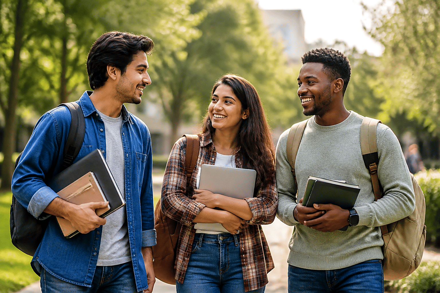 Group of smiling college students with laptops and tablets on campus