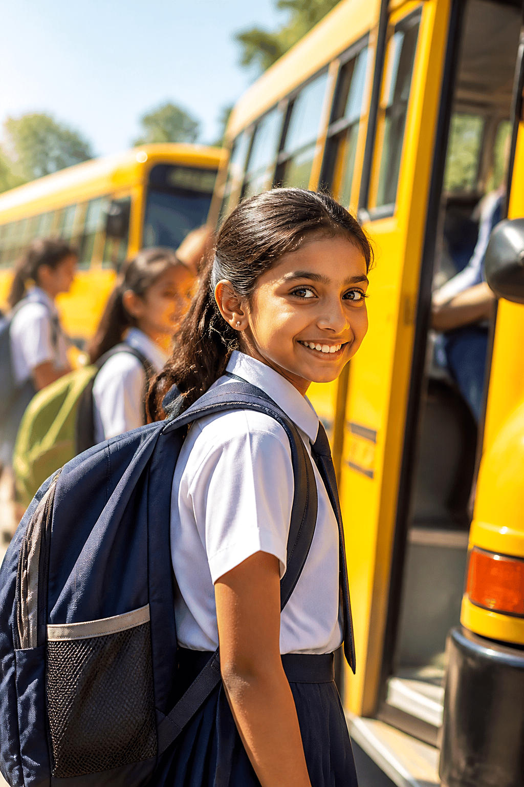 Smiling school student with a backpack boarding a yellow school bus