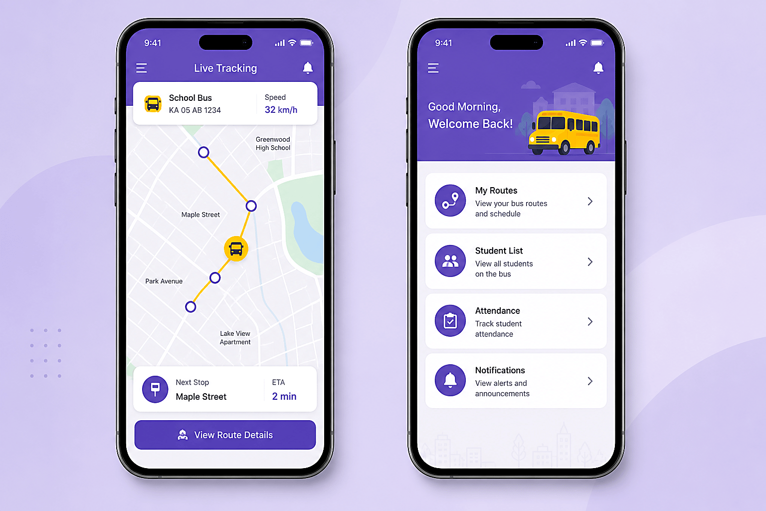 Two smartphones showing the transport app: a live route map for Bus 1 and the transport menu