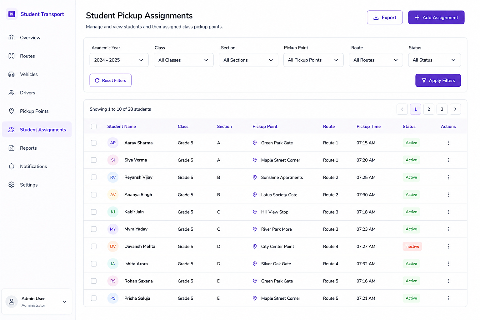 Student assignment screen with route and class filters and pick-up and drop points
