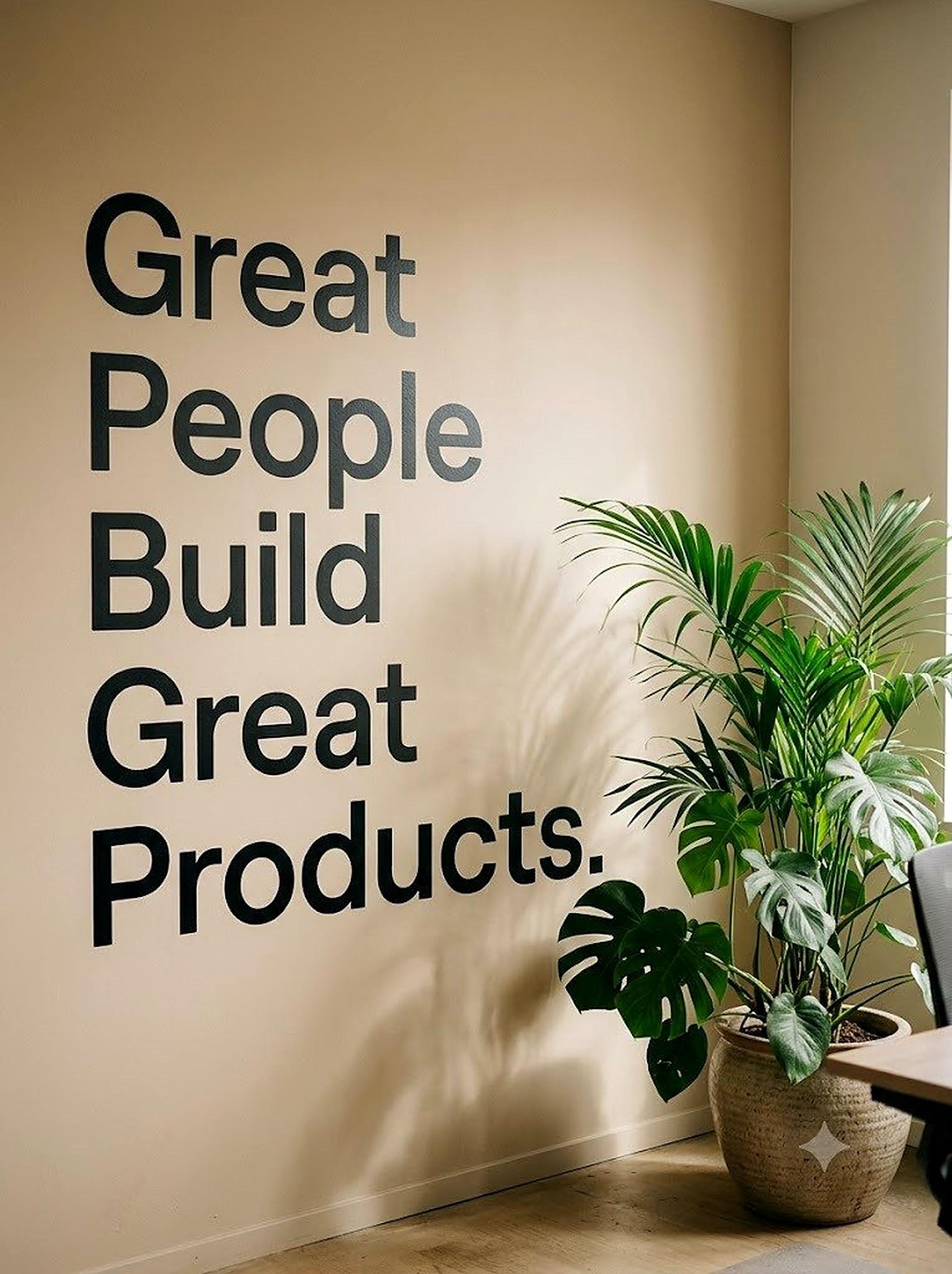 Office wall reading Great People Build Great Products