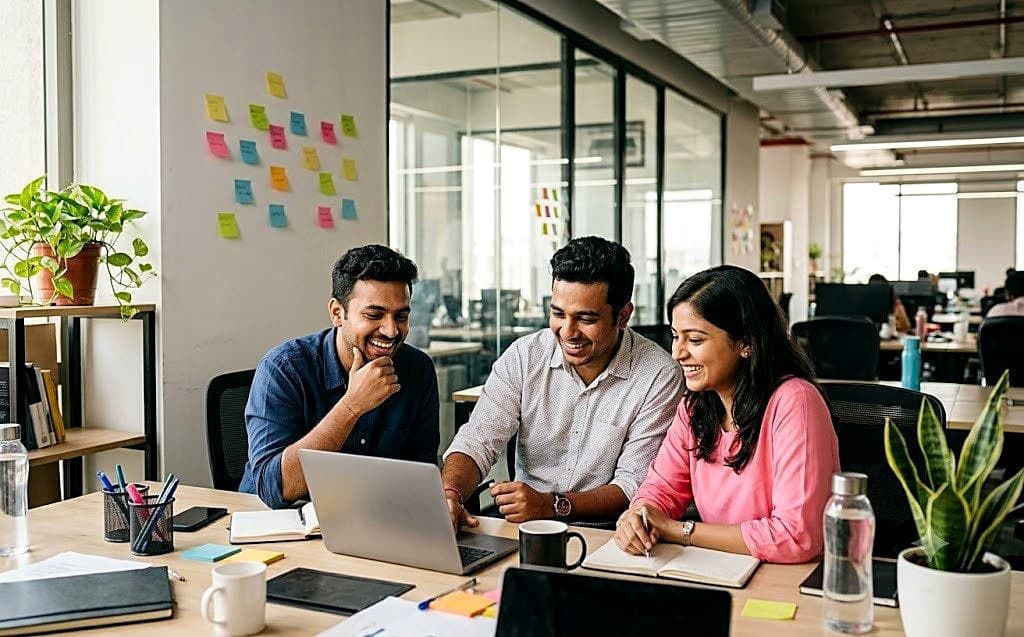 Colleagues smiling while working together on a laptop