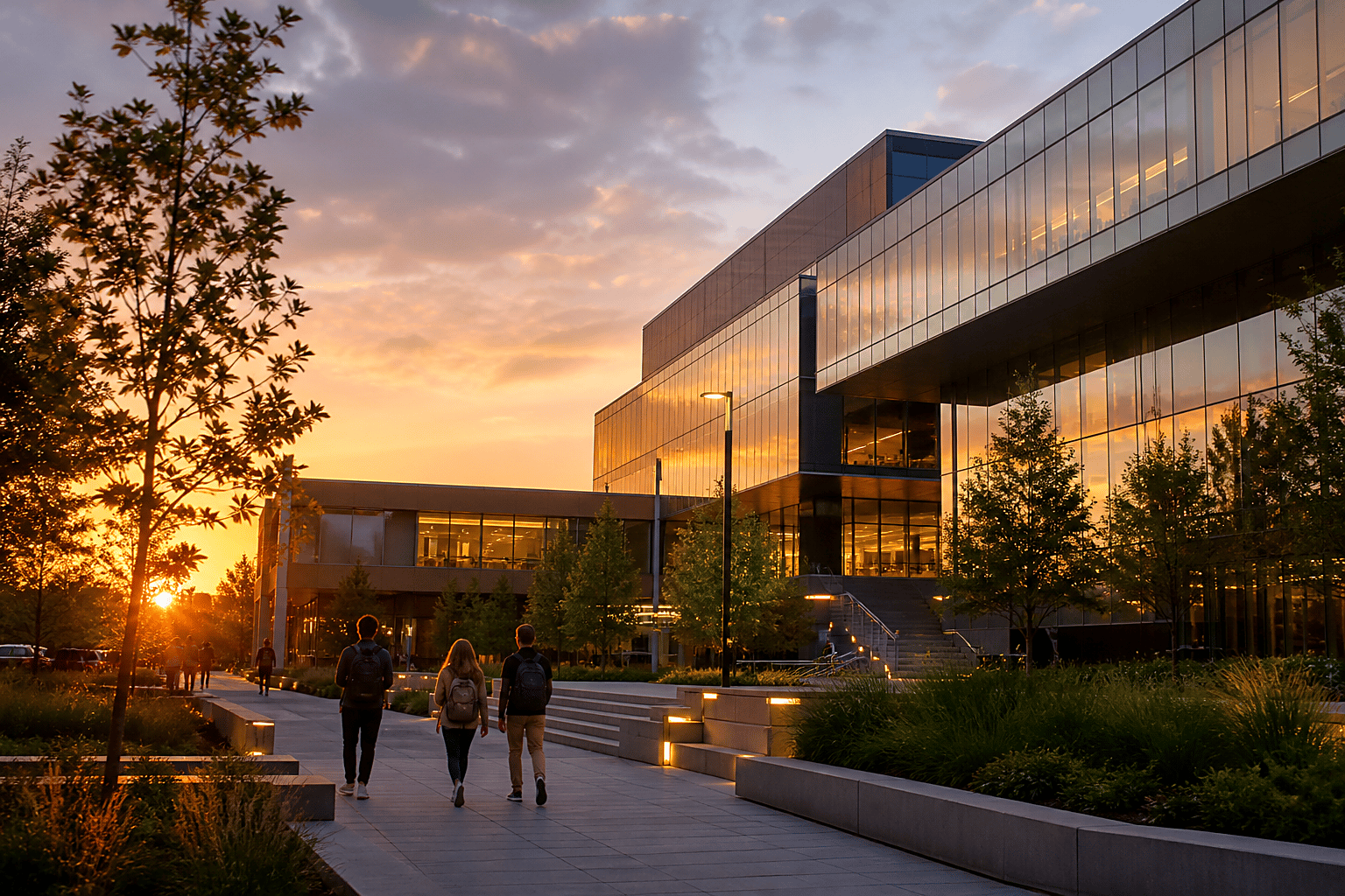 Modern campus buildings at sunset