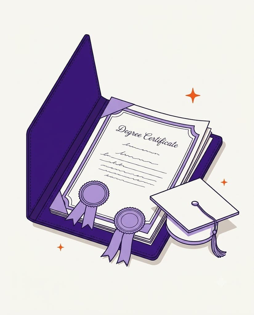 Illustration of a degree certificate in a folder beside a graduation cap