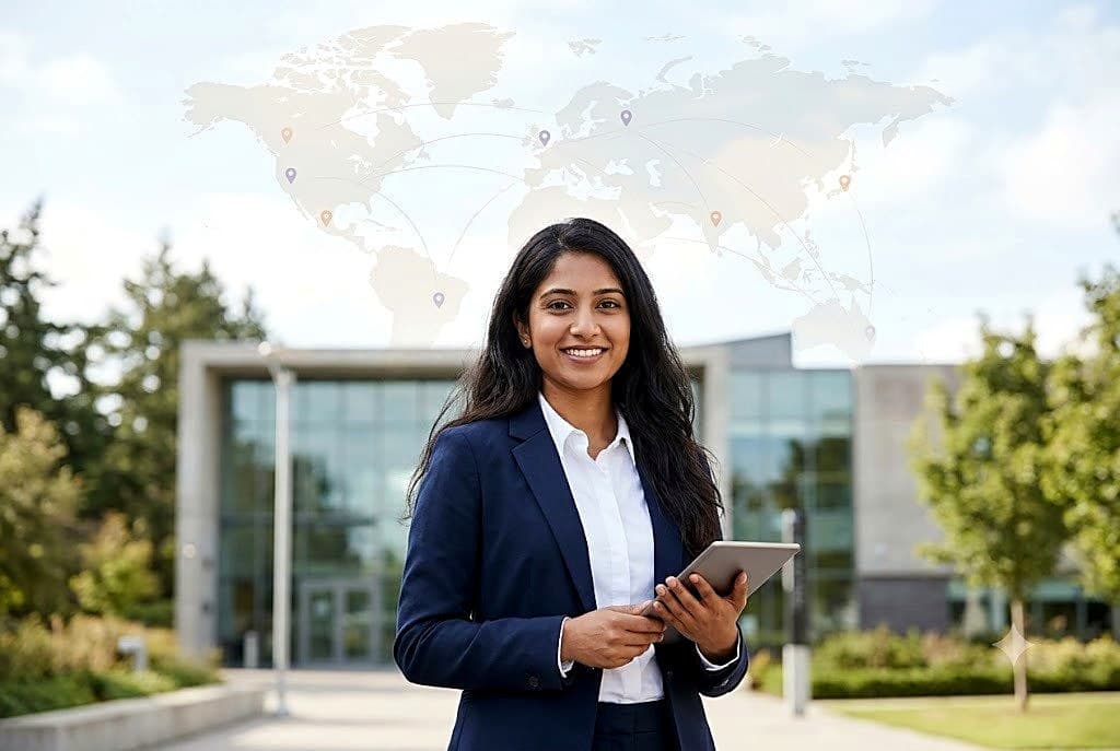 Franchise network manager holding a tablet in front of a campus