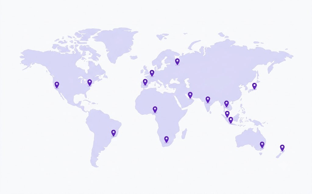 World map with purple location pins showing multi-country analytics coverage