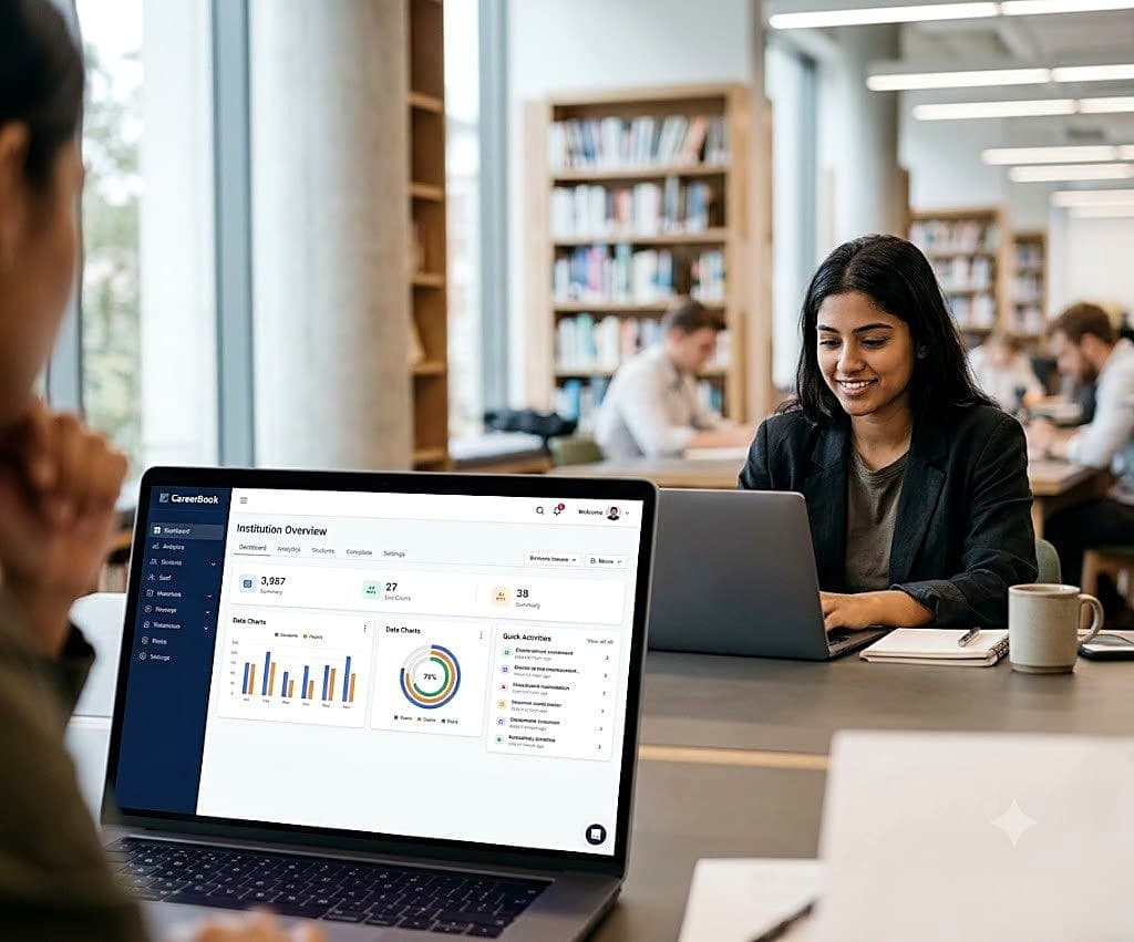 Education leader smiling at a laptop showing the CareerBook ERP institution overview dashboard