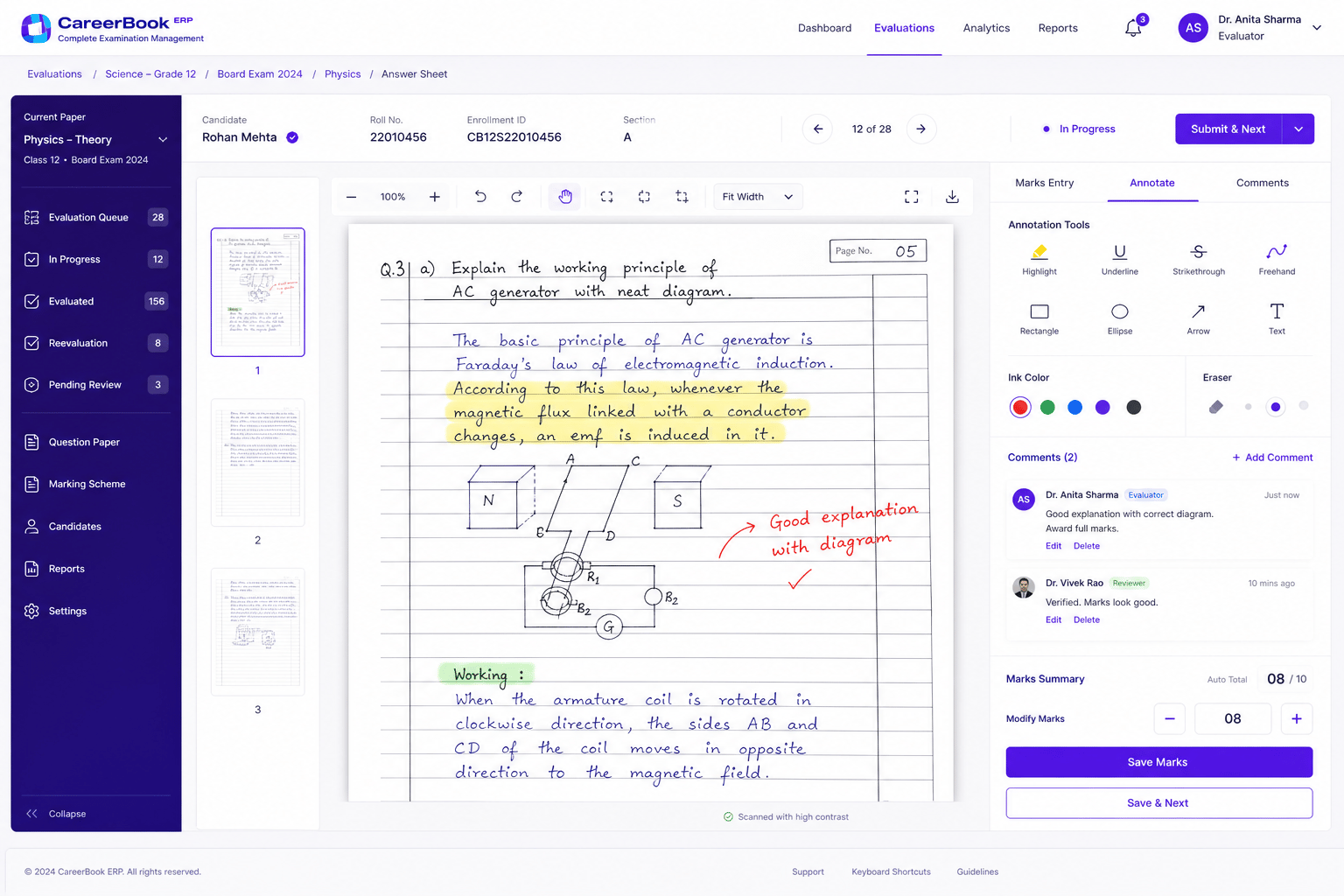 Digital answer-sheet evaluation with annotation tools and marks entry
